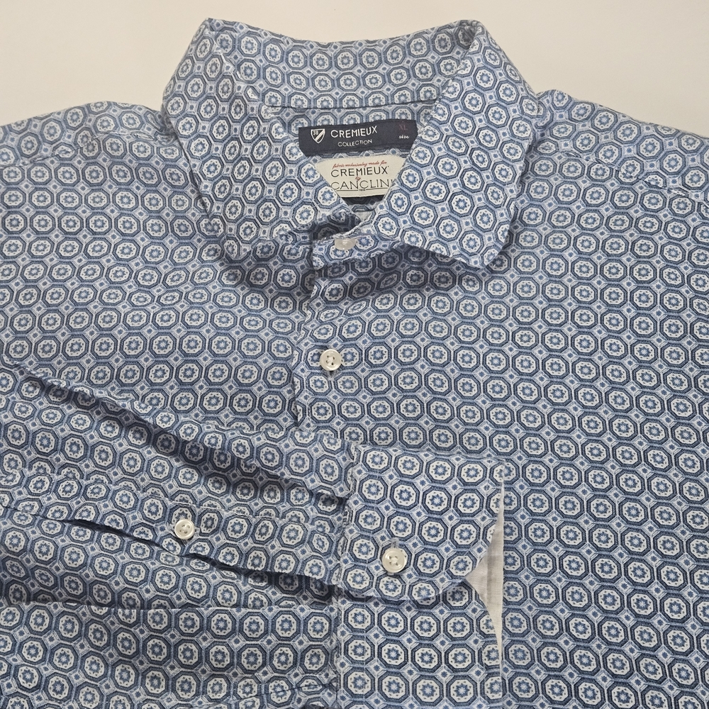Daniel Cremieux Men’s Blue Geometric Button-Up Shirt Linen XL Long Sleeve